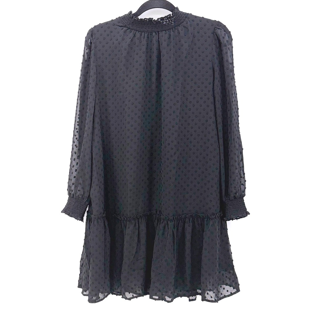 J.Crew Black Swiss Dot Smocked Neck Long Sleeve Mini Dress S Boho Chic Party NWT